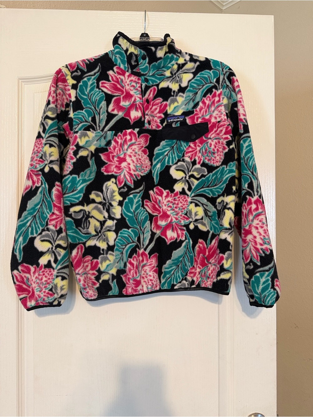 Patagonia Black Floral Teddy Fleece Jacket with Pink & Teal Print
